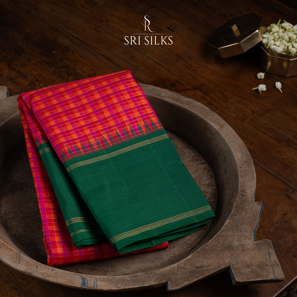 Emerald Green & Pink Checked Kanjivaram Silk Saree with Gold Zari  UID: SRI-KS-260813-008
