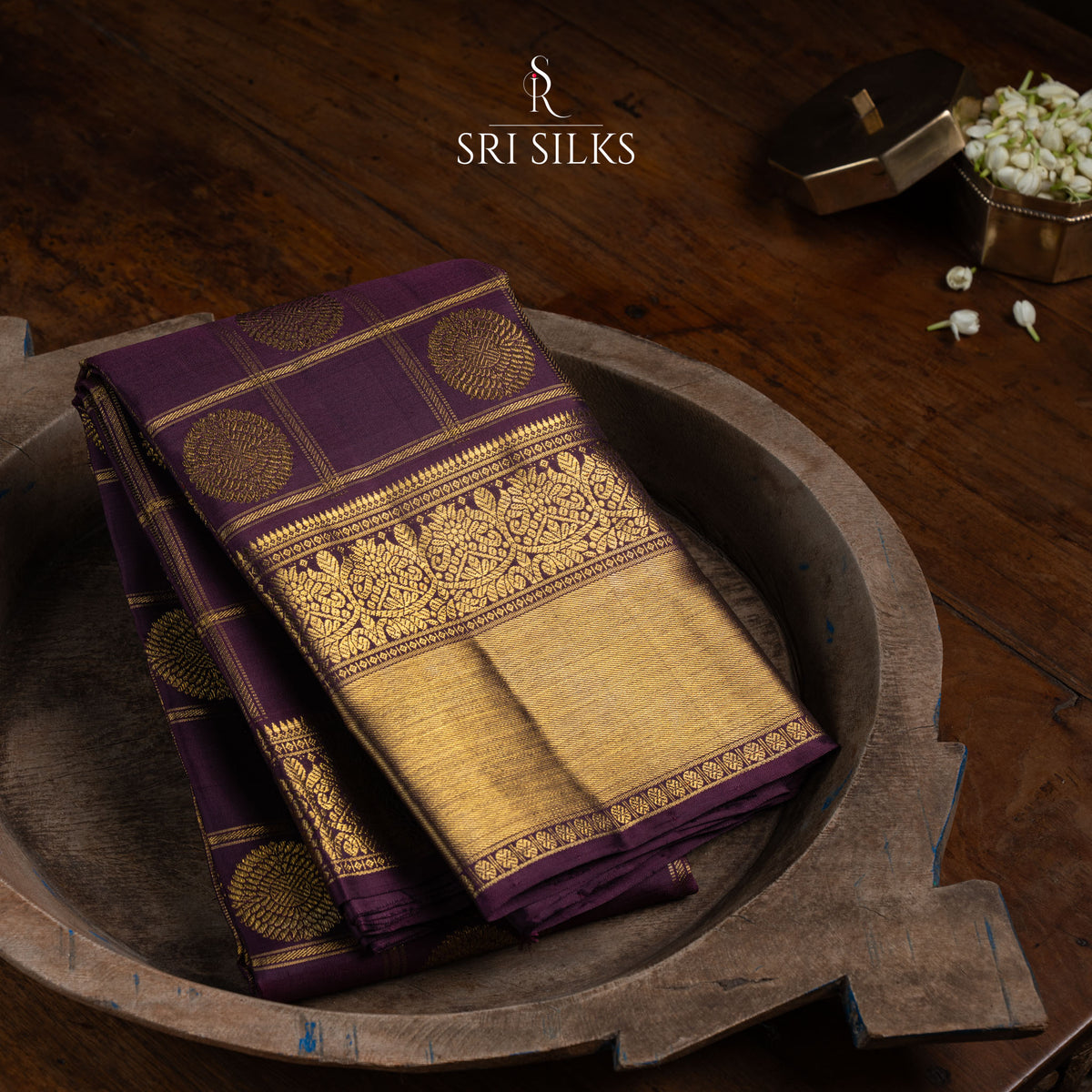 Pure Kanjivaram Silk Saree in Wine with Gold Zari Checks SSK-KS-WINE-078