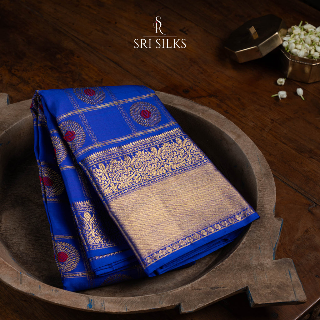 Royal Blue Kanjivaram Silk Saree with Gold Zari Checks and Buttas  SRI-SILKS-SJP-012