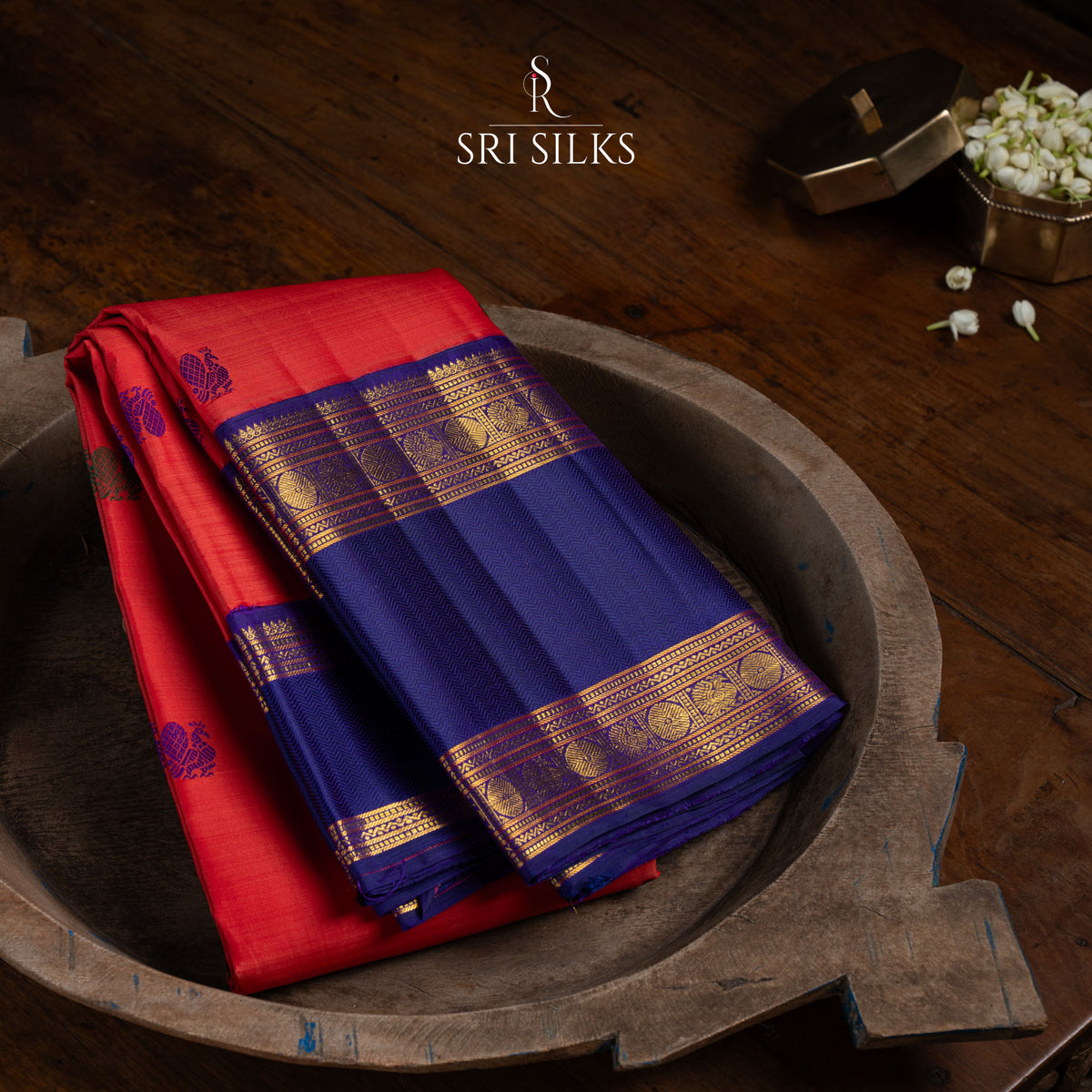 Coral Red & Navy Blue Kanjivaram Silk Saree with Gold Zari Updated UID: SSK-KS-CRGZ-014