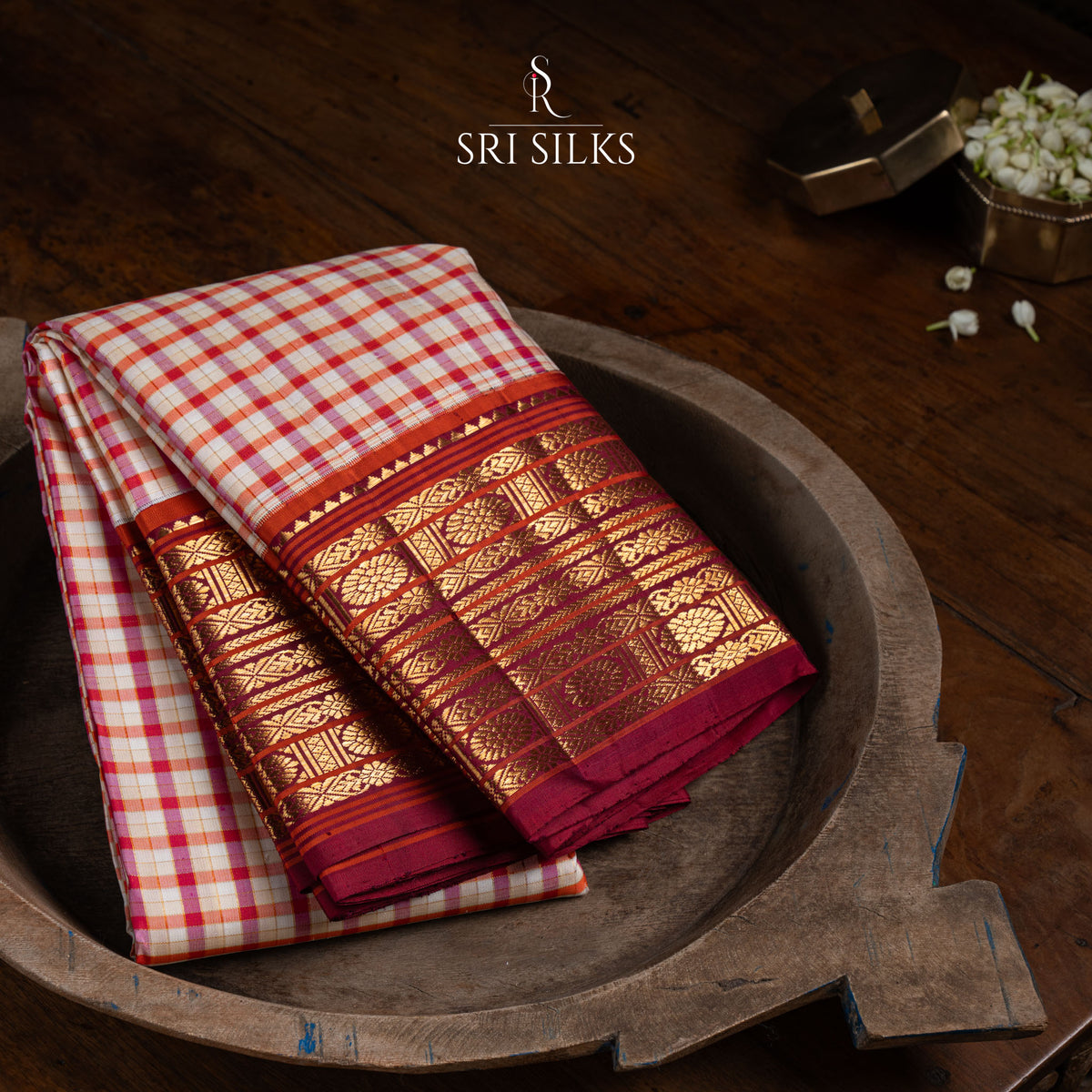 Pure Kanjivaram Silk Saree in Ivory Checks with Maroon Gold Zari SSK-KS-CRGZ-015