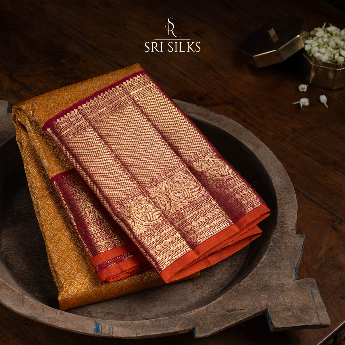 Pure Kanjivaram Silk Saree in Mustard Gold with Maroon Zari SSK-KS-MGMR-019