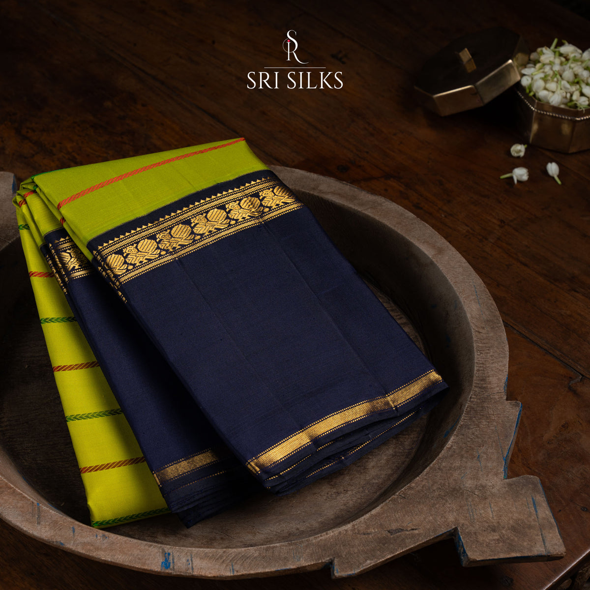 Product Title: Kanjivaram Silk Saree in Lime Yellow with Navy Blue Zari Border SSK-KS-LYNV-020