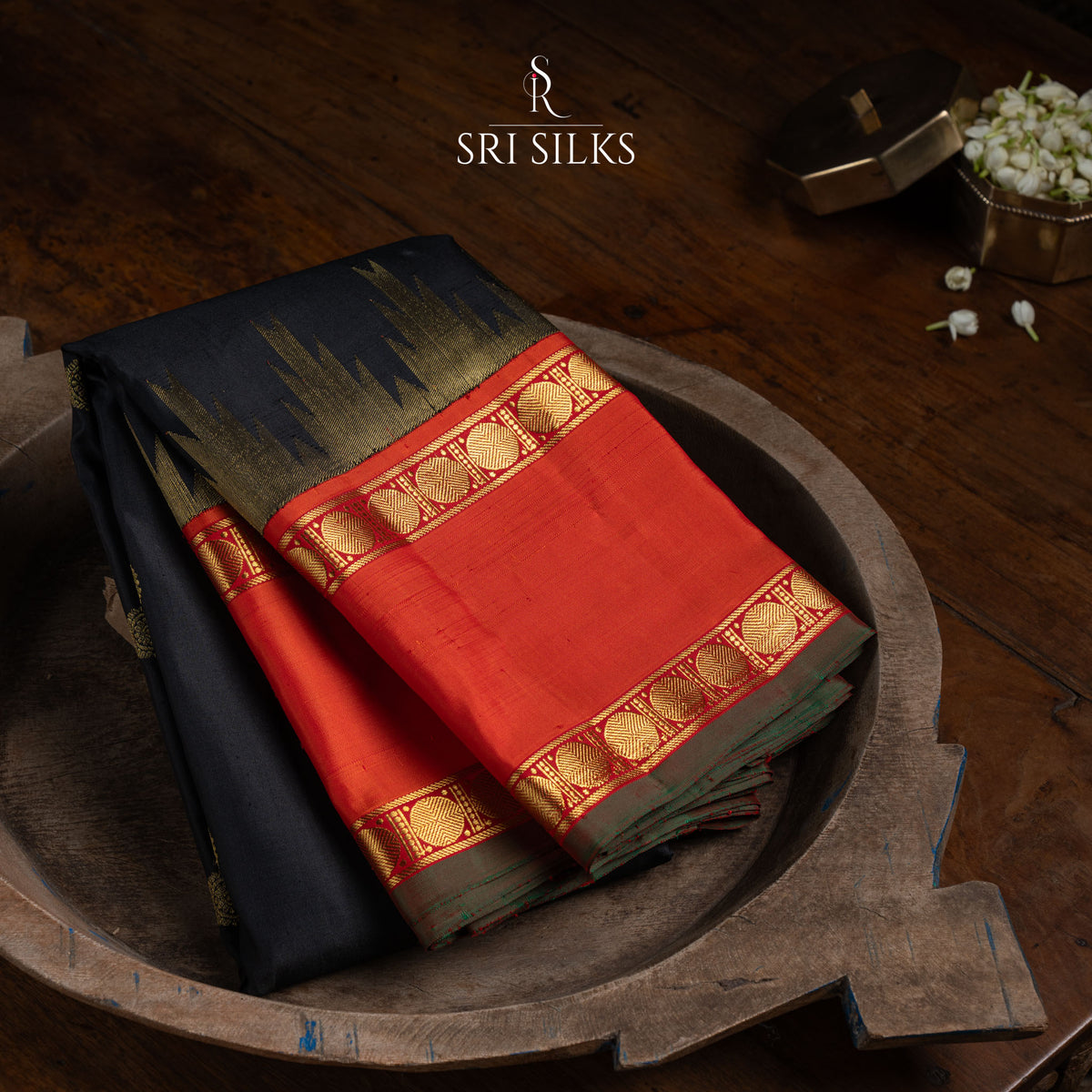 Black Kanjivaram Silk Saree with Red Pallu & Gold Zari SSK-KS-BKRD-021