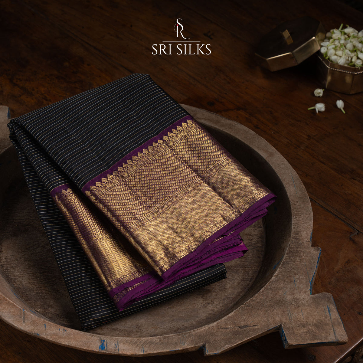 Kanjivaram Silk Saree in Black and Magenta with Gold Zari SSK-KS-BMAG-022