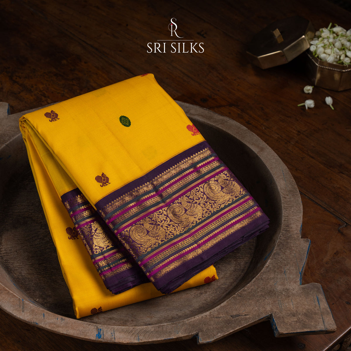 Kanjivaram Silk Saree in Mustard Yellow with Plum Zari Border SSK-KS-MYPL-024