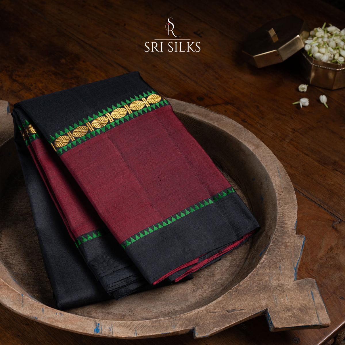 Kanjivaram Silk Saree in Deep Wine Red with Green & Gold Zari Border SSK-KS-BURG-028