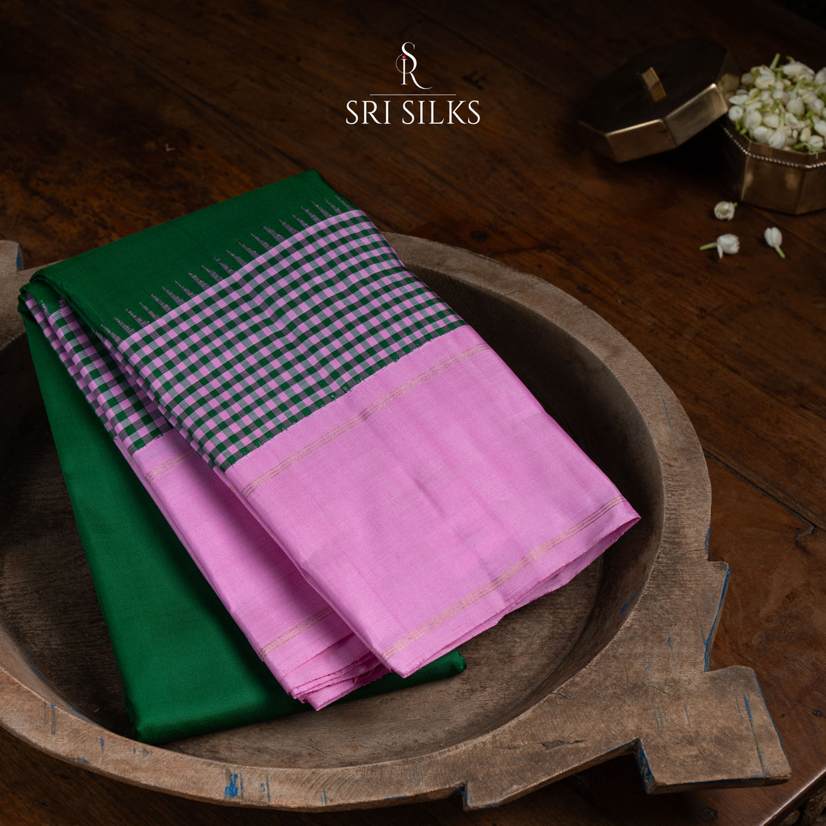 Pure Kanjivaram Silk Saree in Emerald Green & Rose Pink with Zari SSK-KS-EGRP-029