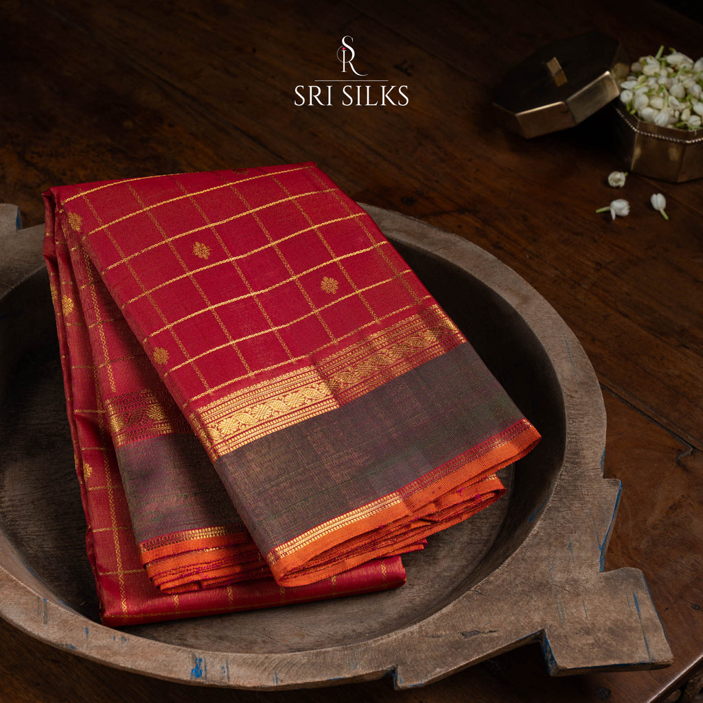Kanjivaram Silk Saree in Crimson Red with Green Gold Zari Border -SSK-KS-CRGN-030