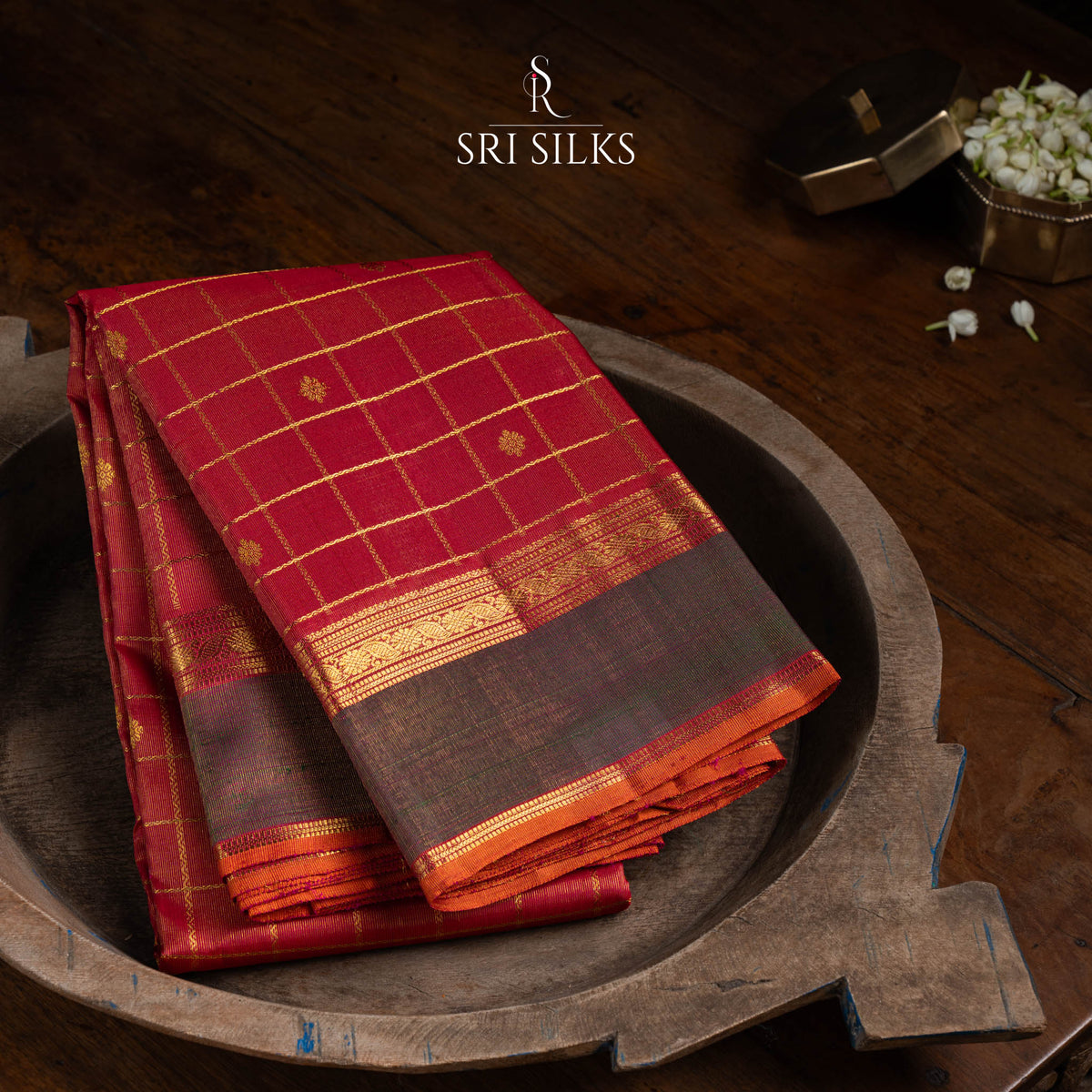 Kanjivaram Silk Saree in Crimson Red with Green Gold Zari Border -SSK-KS-CRGN-030