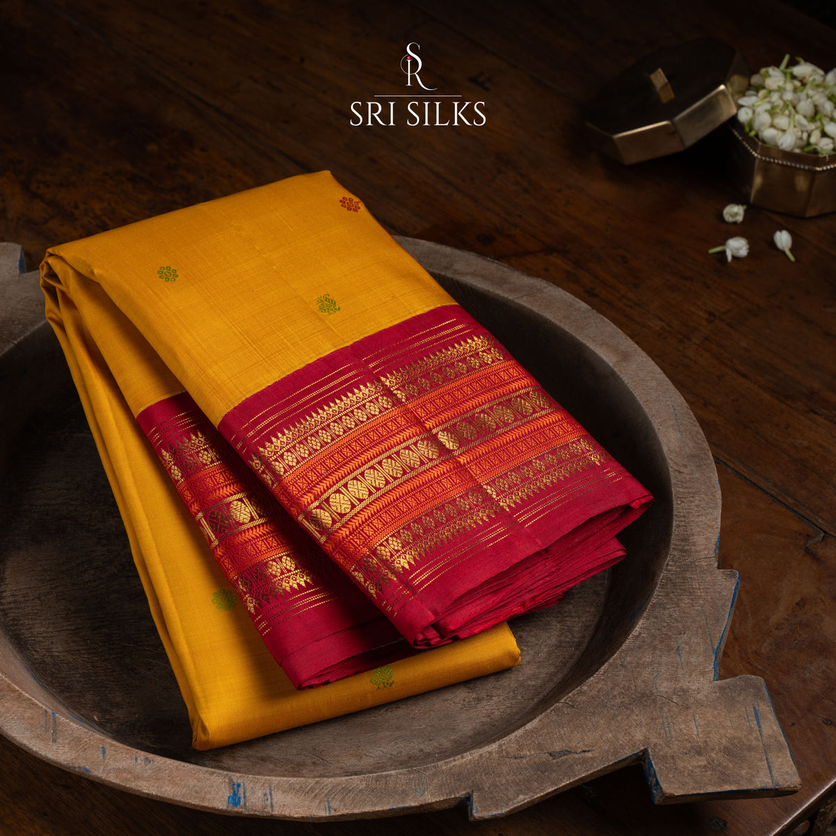 Kanjivaram Silk Saree in Mustard Yellow with Red Zari Border SSK-KS-MYRD-032