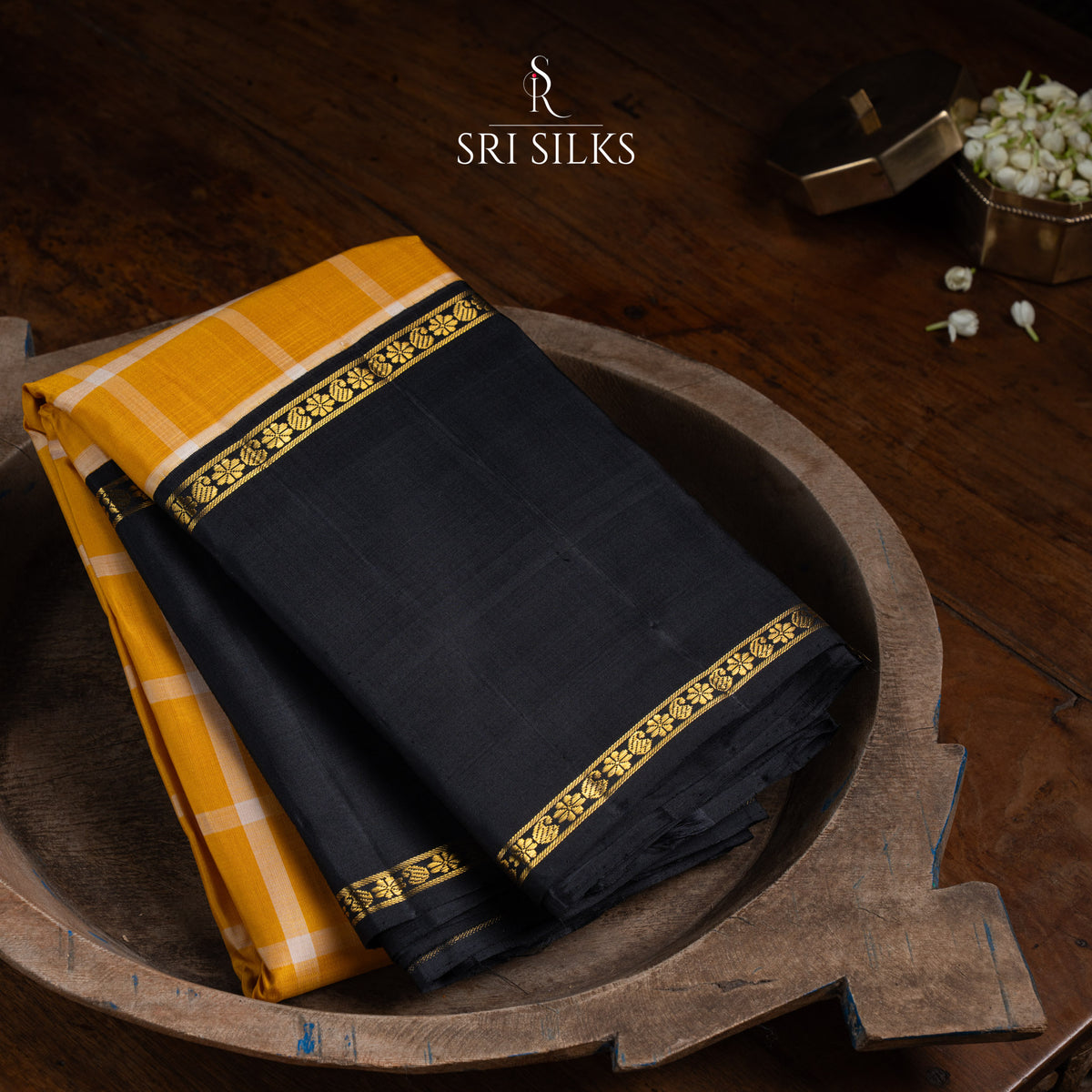 Kanjivaram Silk Saree in Mustard Yellow with Black Pallu & Gold Zari SSK-KS-MYBK-033
