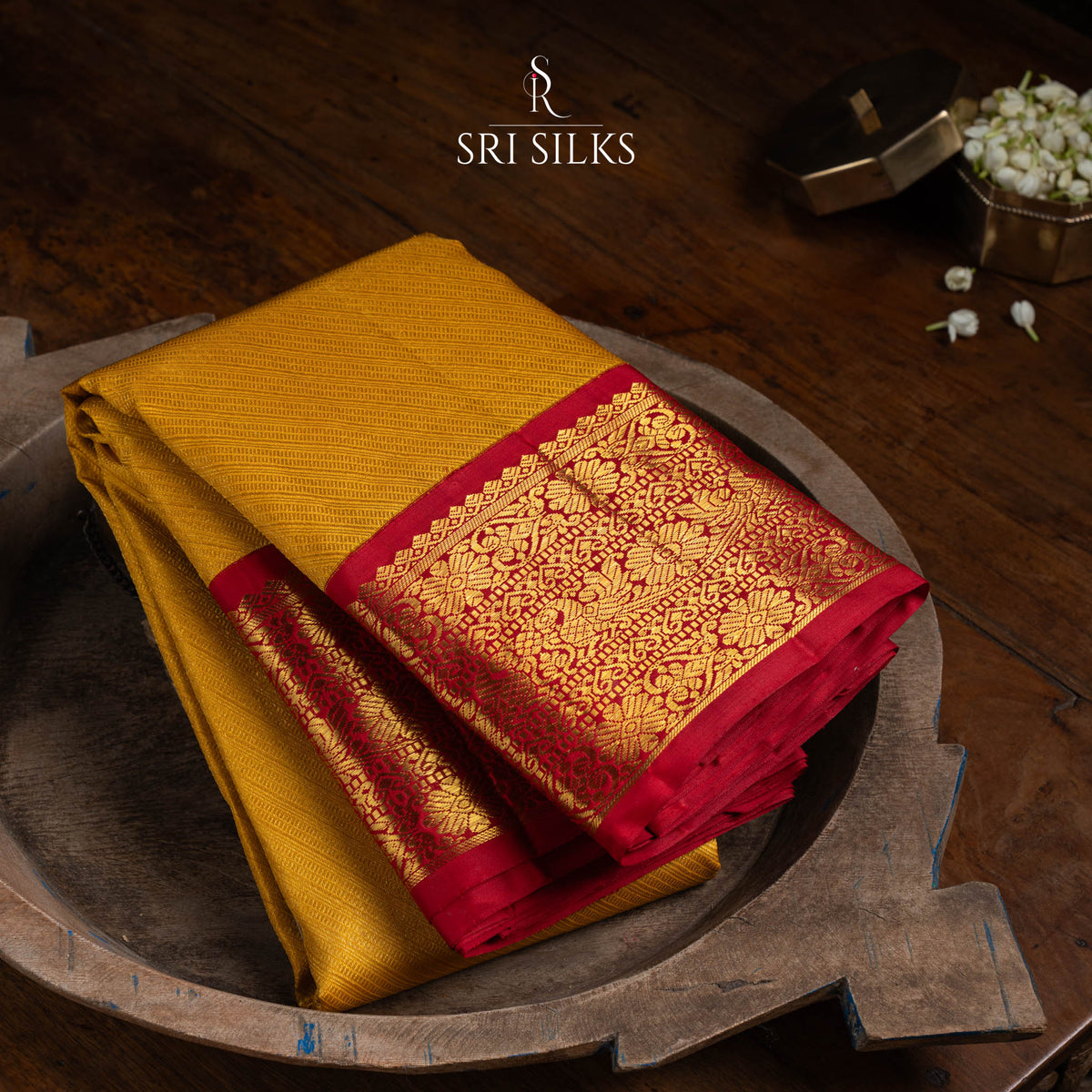 Kanjivaram Silk Saree in Golden Yellow with Red Zari Border SK-KS-GYRD-034