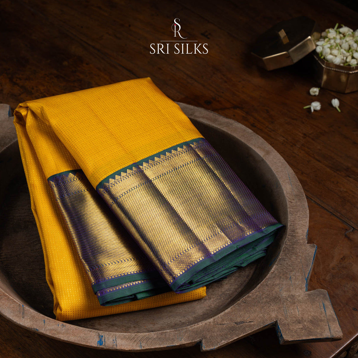 Mustard Yellow Kanjivaram Silk Saree with Navy Blue Zari Border SK-KS-MYNB-035