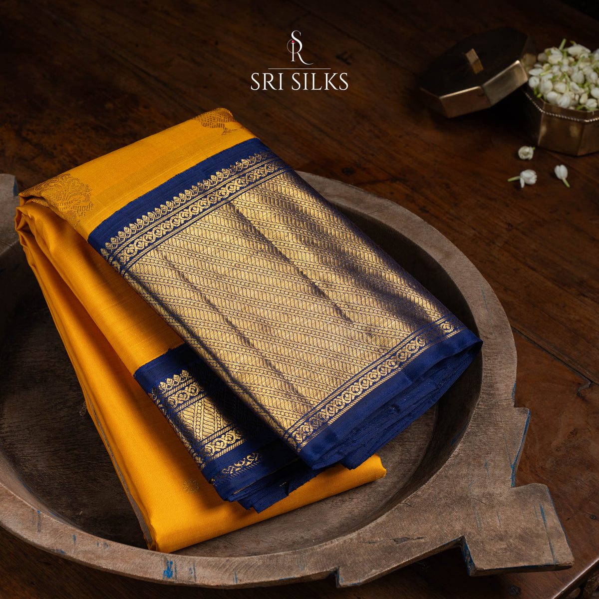 Kanjivaram Silk Saree in Mustard Gold with Navy Blue Zari Border SSK-KS-MUST-NAV-037