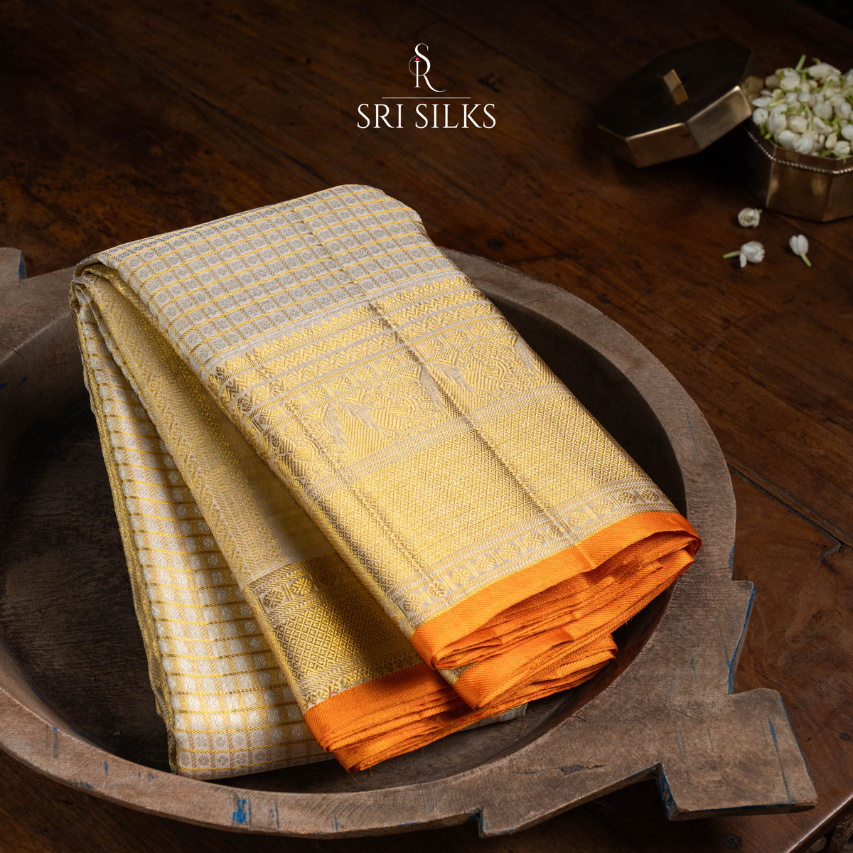 Pure Kanjivaram Silk Saree in Ivory Gold with Orange Border & Zari SRS-KAN-IVO-GOL-040