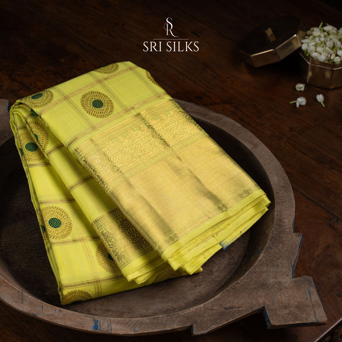 Pure Kanjivaram Silk Saree in Golden Yellow with Zari Motifs  UID Code: SRS-KAN-GY-072