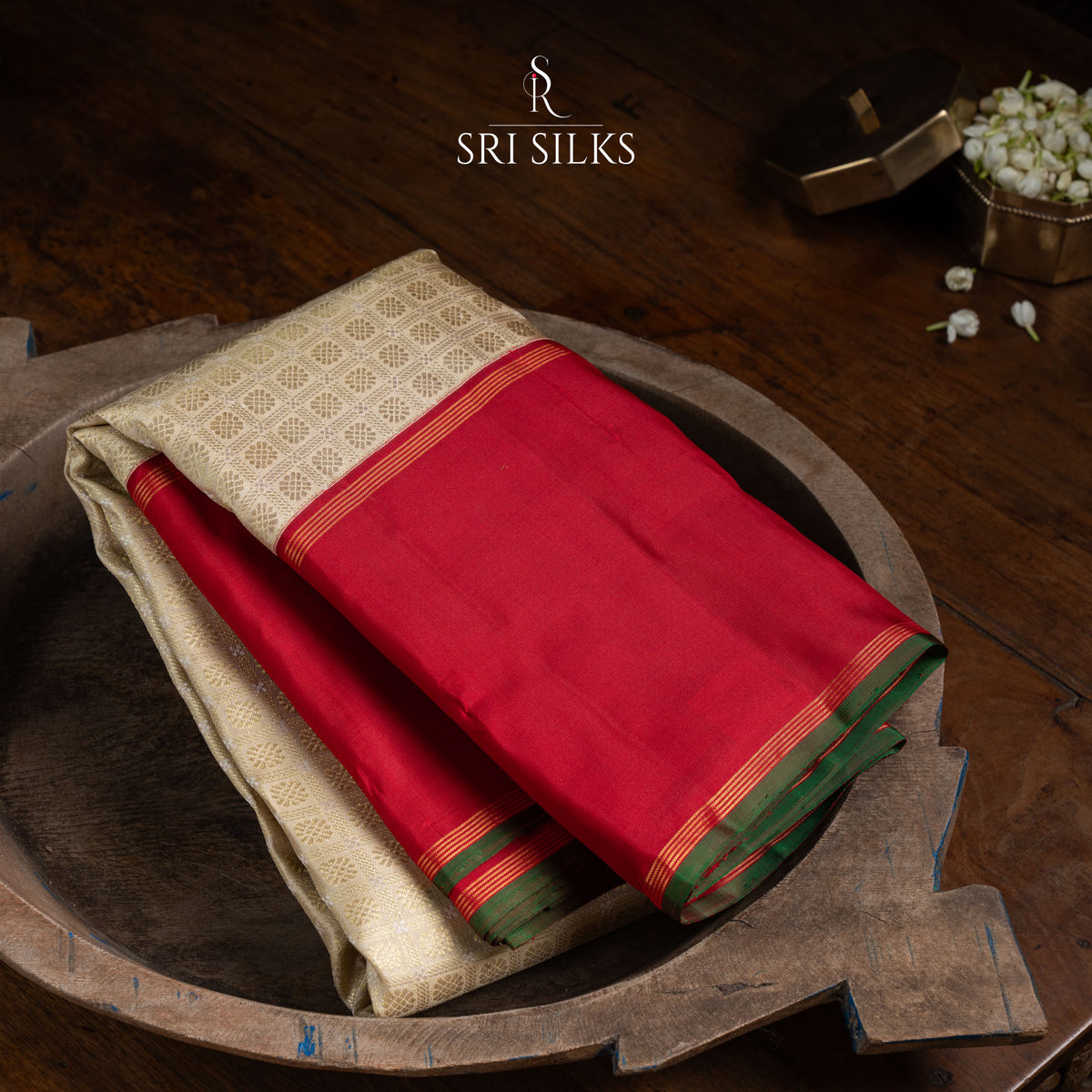 Pure Kanjivaram Silk Saree in Ivory & Crimson Red with Gold Zari SRS-KAN-IVO-CRIM-073