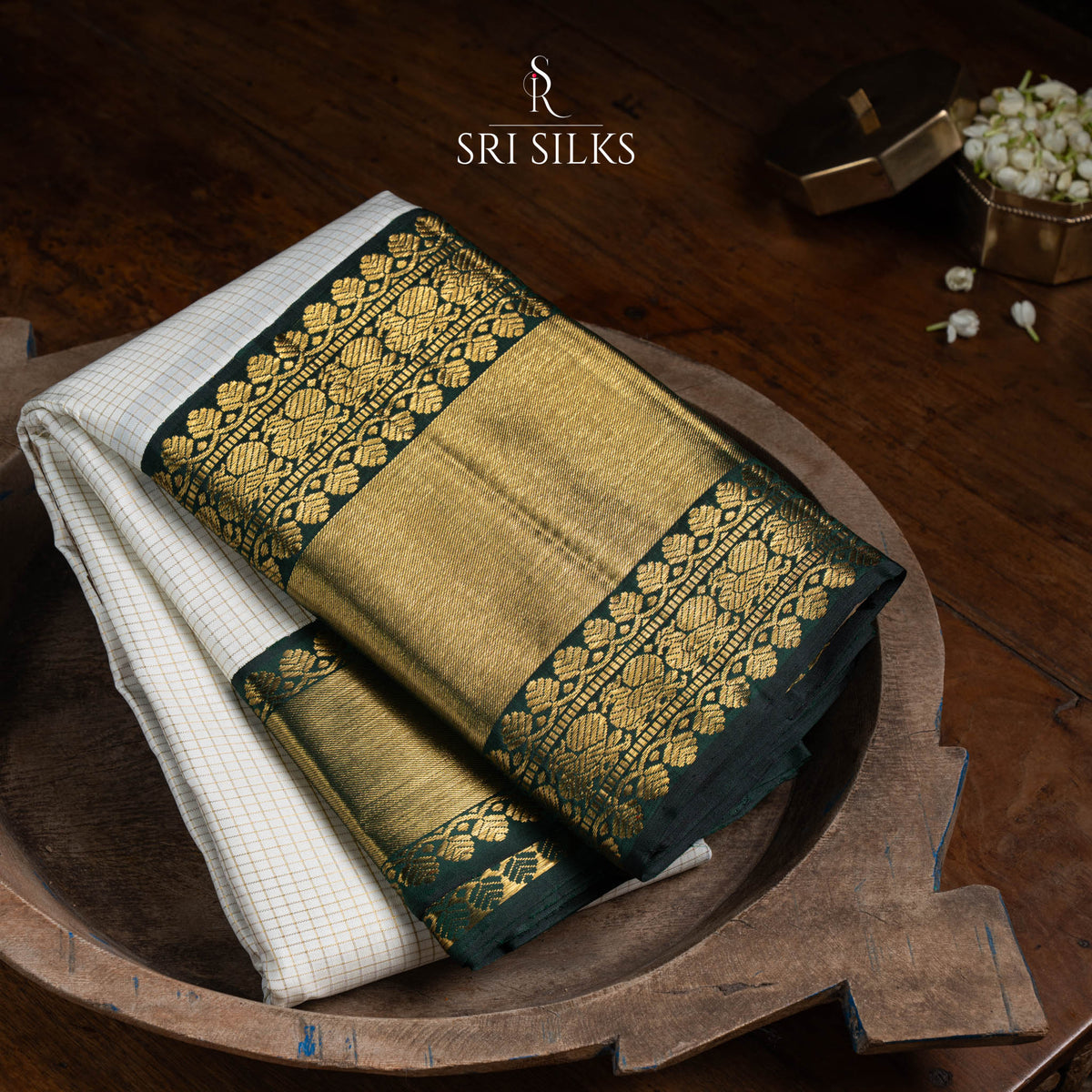 Srisilks Off White with Dark Green Kanjivaram Ilks Saree -SS-KS-IG-046