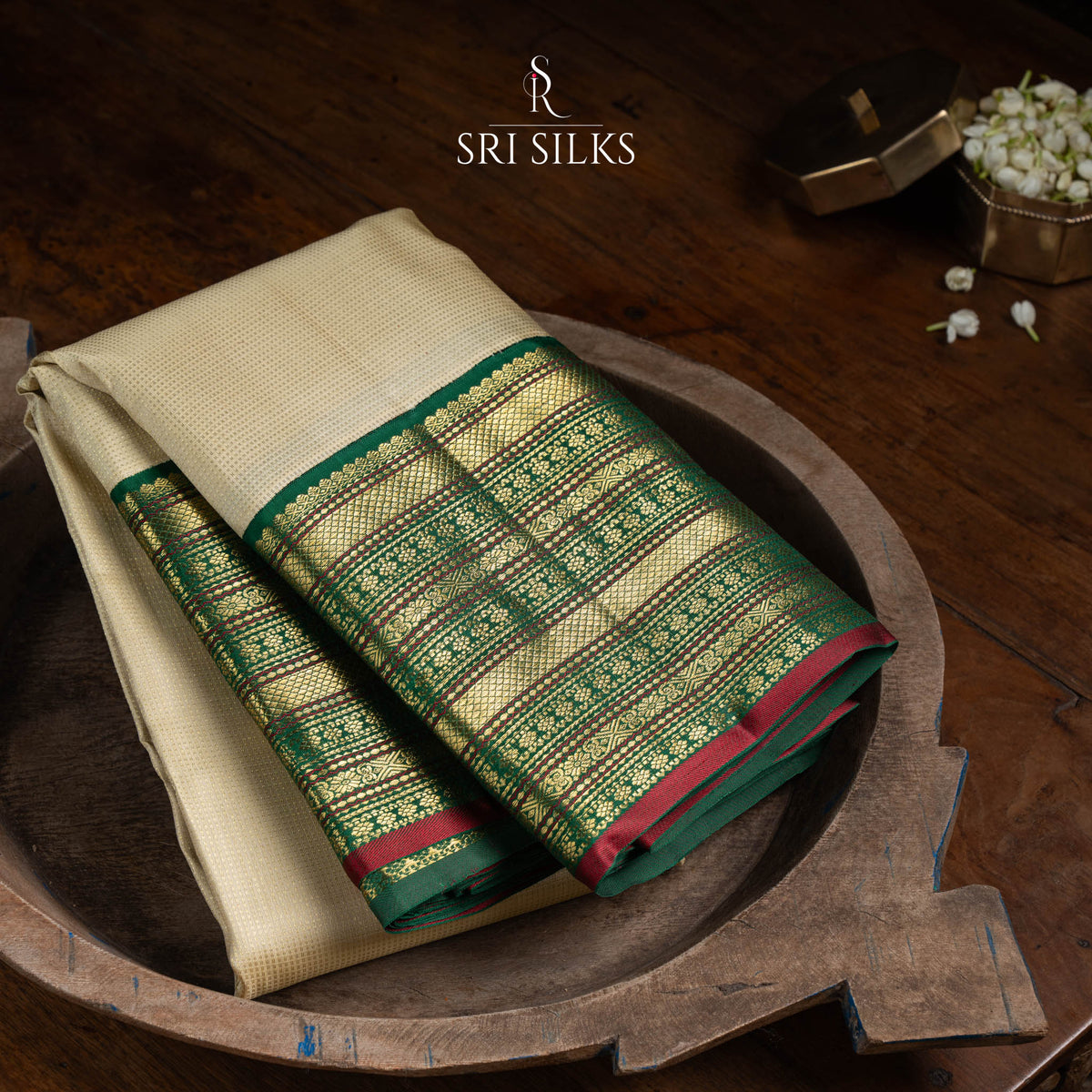 Pure Kanjivaram Silk Saree in Ivory & Emerald Green with Gold Zari  UID: SRI-KAN-2026-0812-047