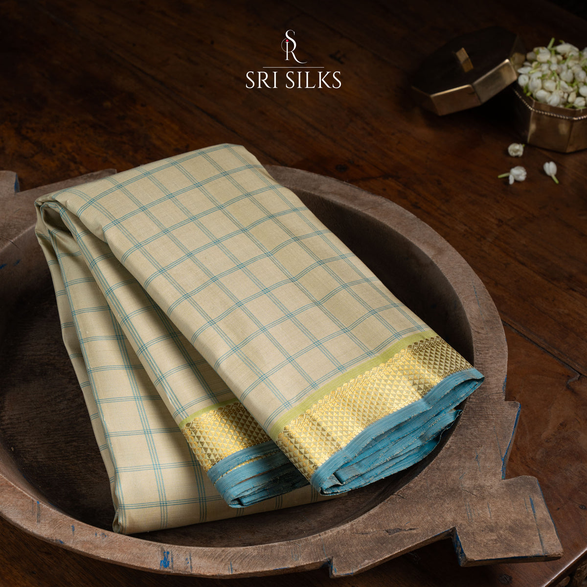 Teal Blue Kanjivaram Silk Saree with Ivory Checks & Gold Zari  UID Code: SS-KS-TBGC-048