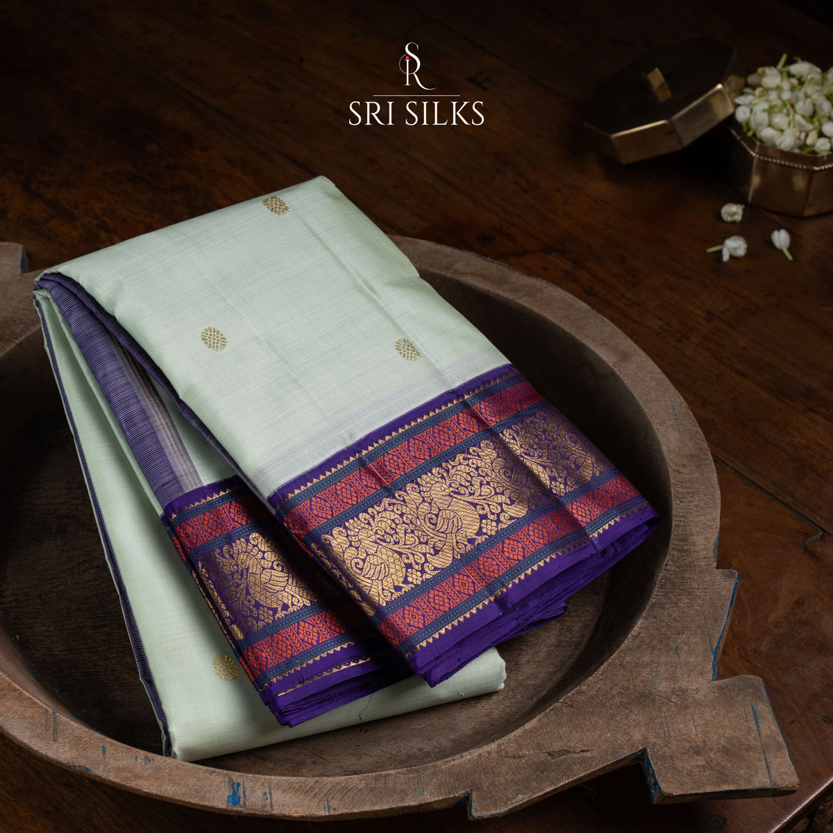 Kanjivaram Silk Saree in Mint Green & Royal Violet with Gold Zari SRS-KAN-MG-VL-050