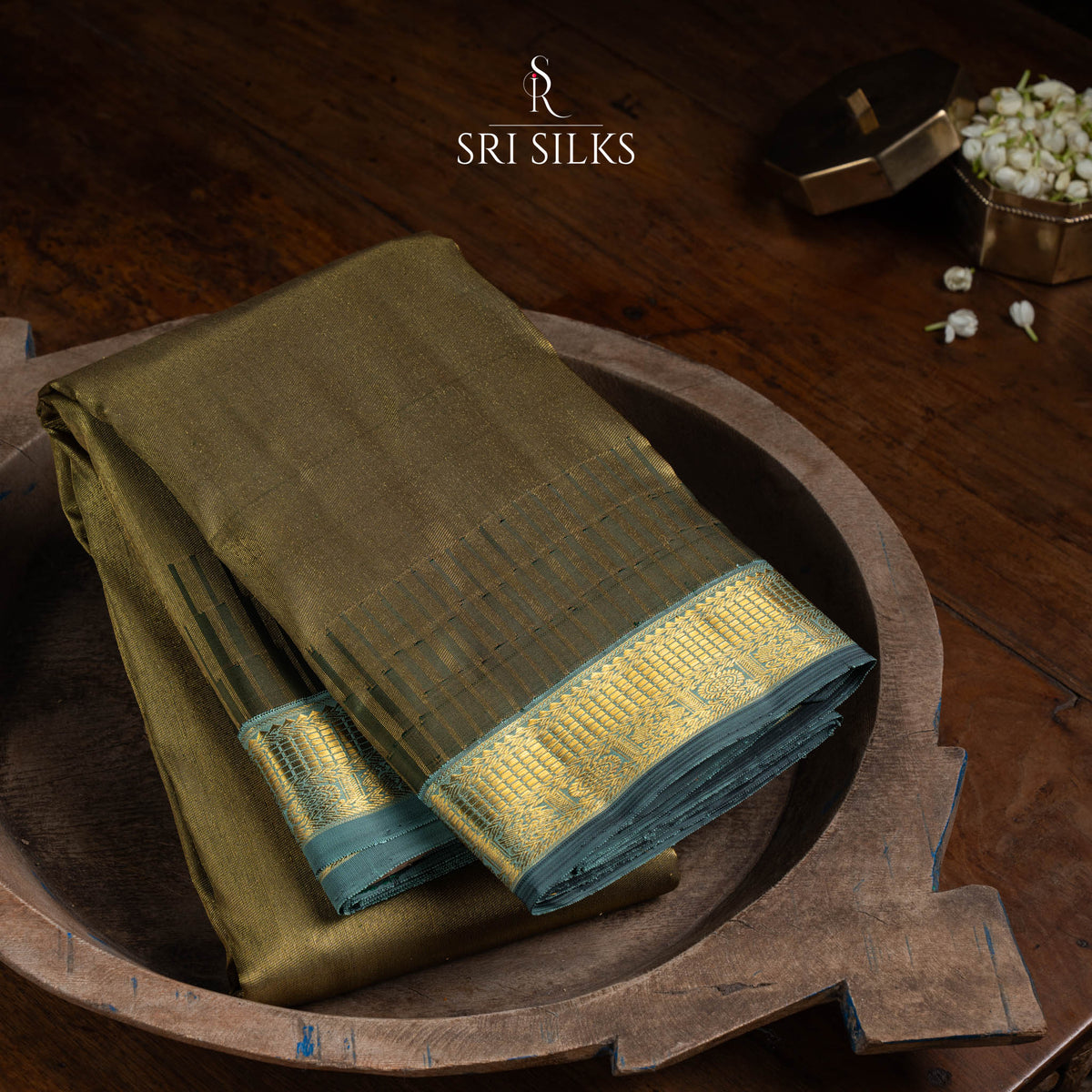 Kanjivaram Silk Saree in Antique Gold & Olive with Gold Zari SK-KS-OLGD-057