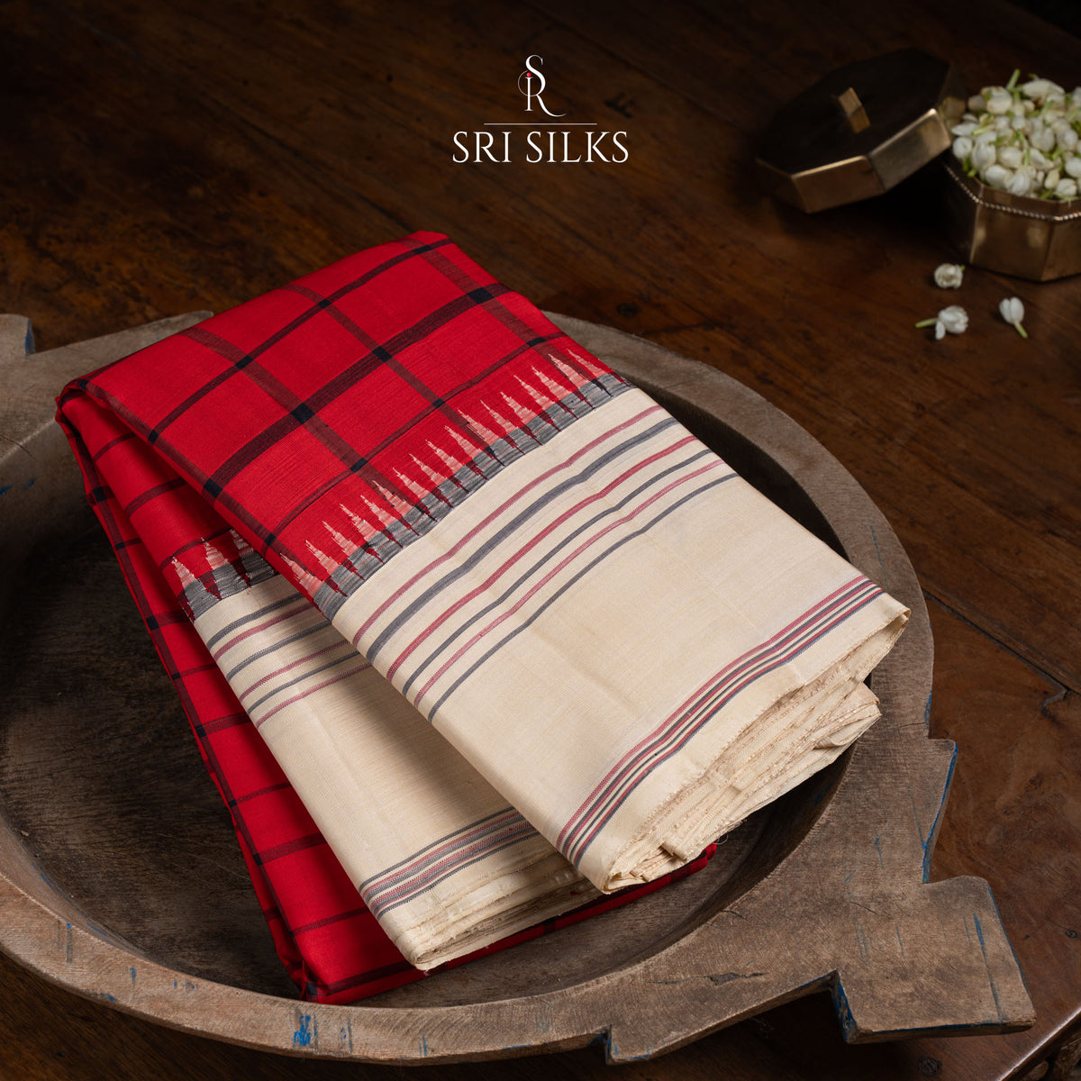 Red Kanjivaram Silk Saree with Ivory Pallu & Checked Body SS-KS-RI-059