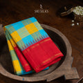 Kanjivaram Silk Saree in Turquoise & Mustard Checks with Red Border SK-KS-TMCR-059