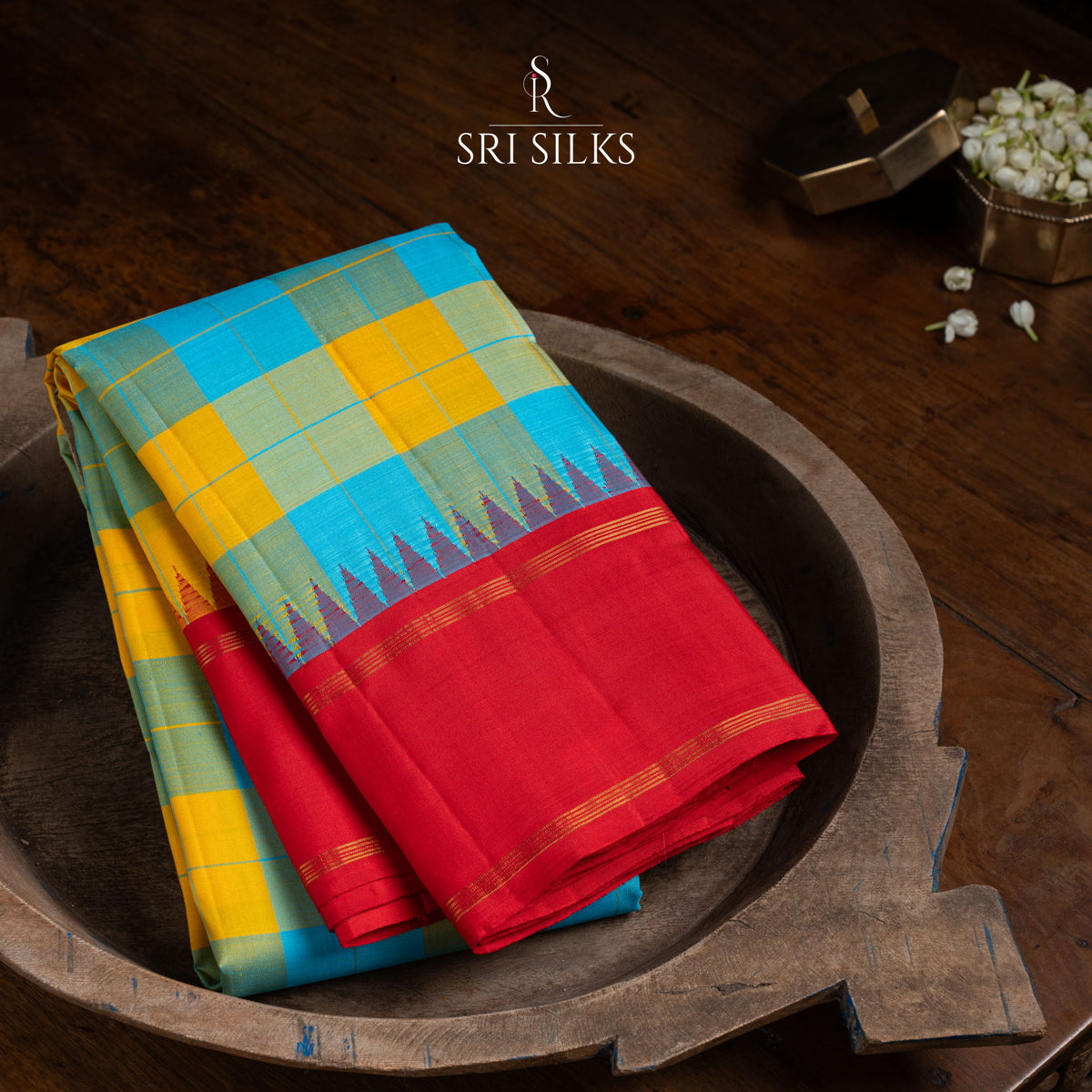 Kanjivaram Silk Saree in Turquoise & Mustard Checks with Red Border SK-KS-TMCR-059