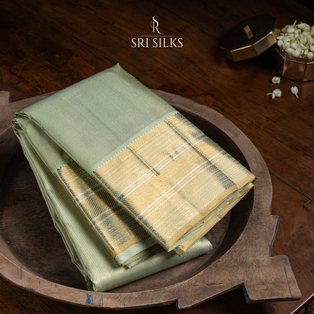 Kanjivaram Silk Saree in Sage Green with Antique Gold Zari SK-KS-SAGE-066