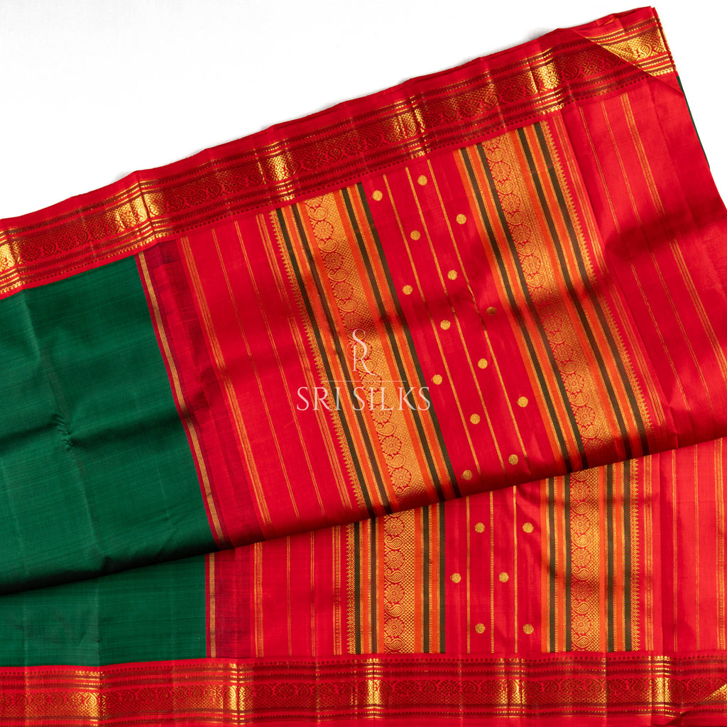 Kanchipuram Silk Saree Emerald Green Body | Traditional Red Pallu | Red Blouse | Rich Zari Weaving -SS-KS-RG-001