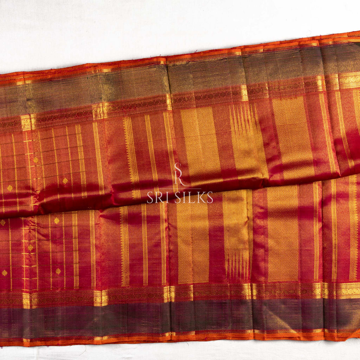 Kanjivaram Silk Saree in Crimson Red with Green Gold Zari Border -SSK-KS-CRGN-030