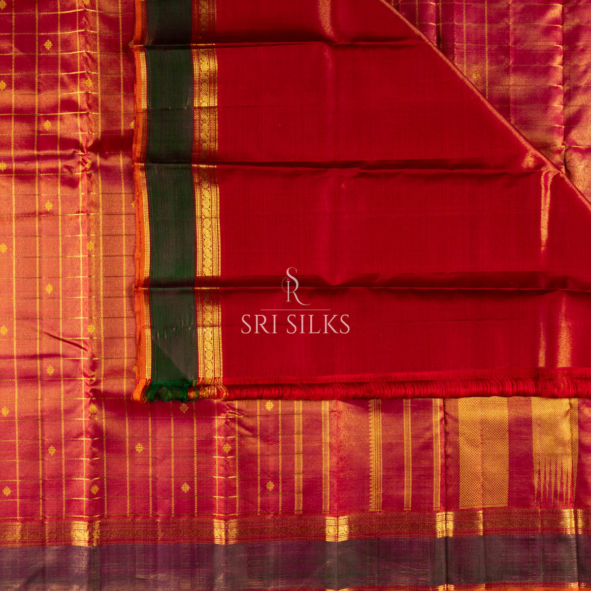 Kanjivaram Silk Saree in Crimson Red with Green Gold Zari Border -SSK-KS-CRGN-030