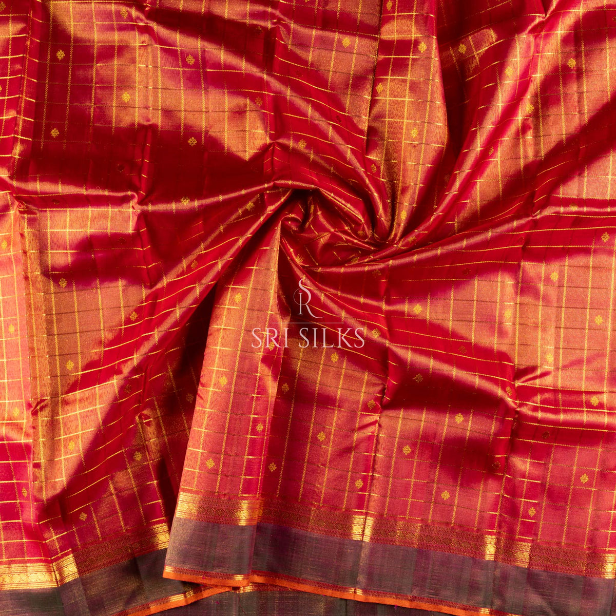 Kanjivaram Silk Saree in Crimson Red with Green Gold Zari Border -SSK-KS-CRGN-030