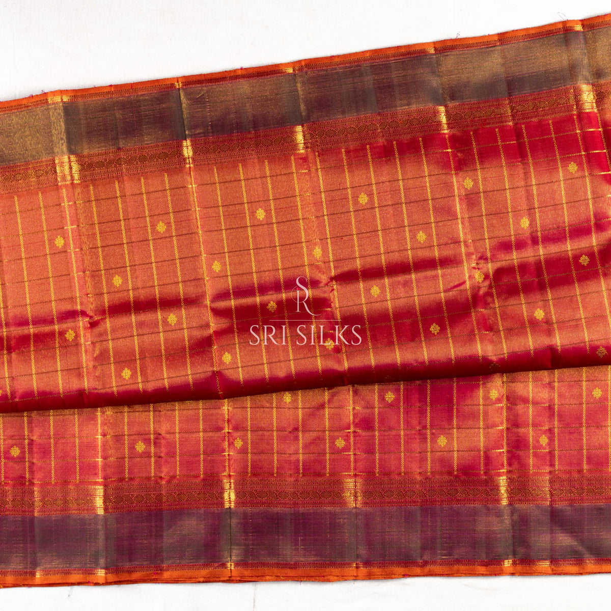 Kanjivaram Silk Saree in Crimson Red with Green Gold Zari Border -SSK-KS-CRGN-030