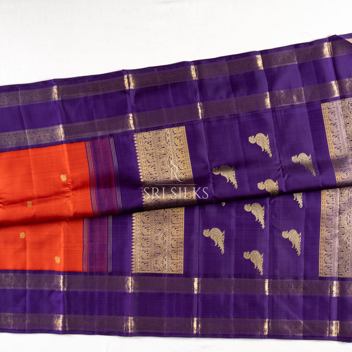 Kanjivaram Silk Saree in Coral Orange & Purple with Gold Zari  SRKS-ORPUR-260813-006