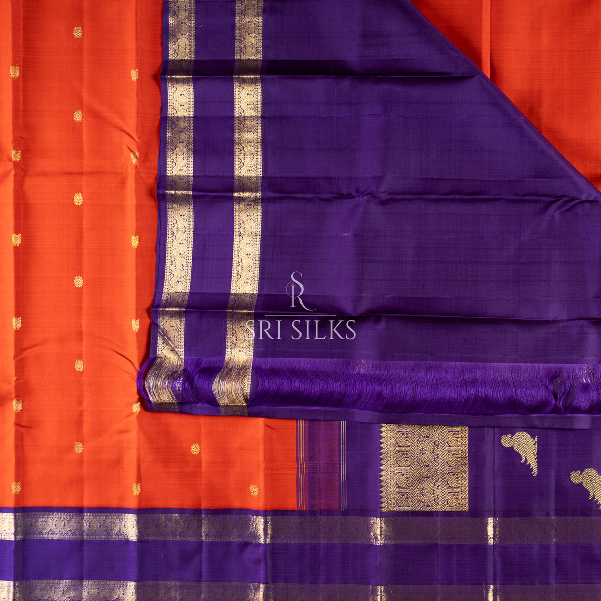 Kanjivaram Silk Saree in Coral Orange & Purple with Gold Zari  SRKS-ORPUR-260813-006