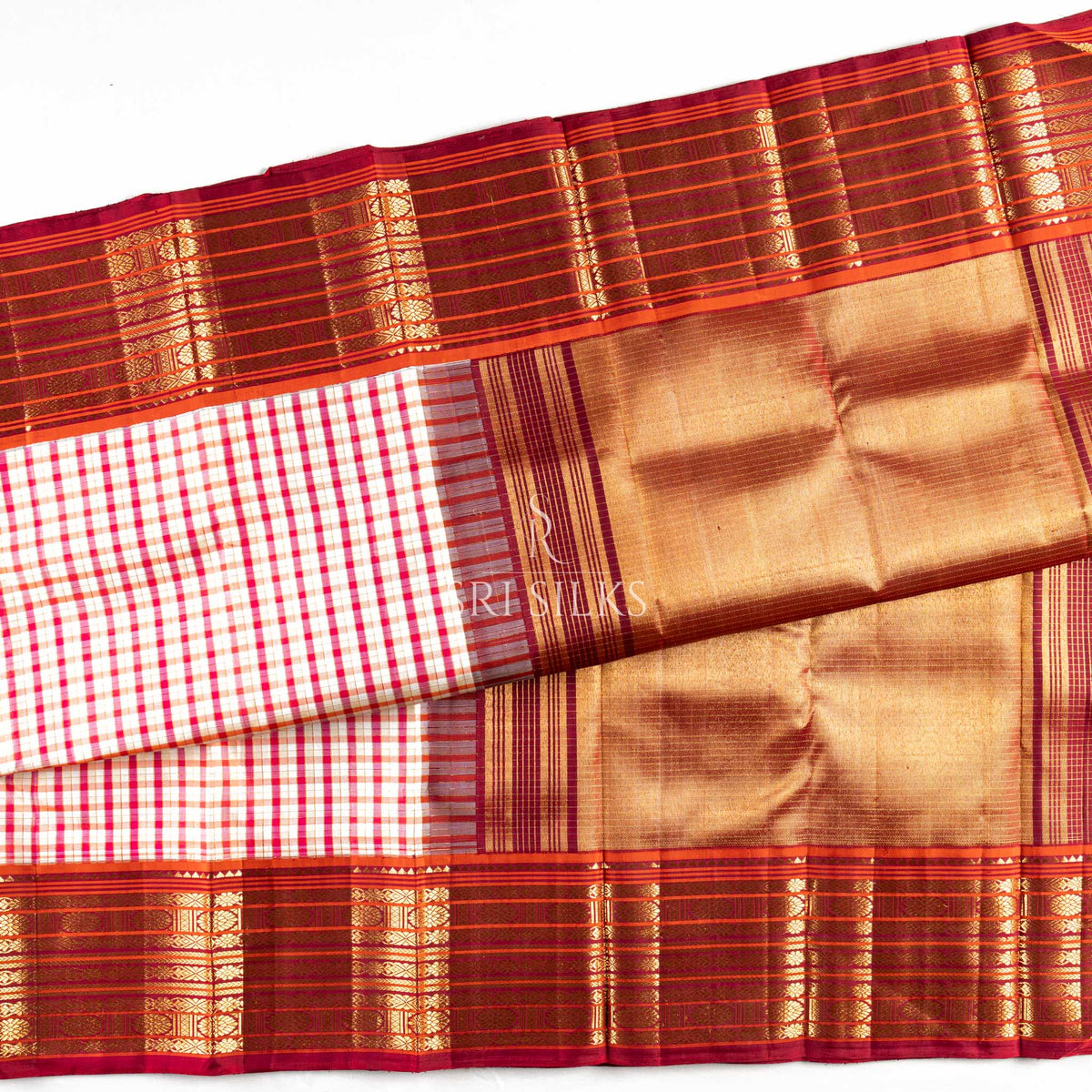 Pure Kanjivaram Silk Saree in Ivory Checks with Maroon Gold Zari SSK-KS-CRGZ-015