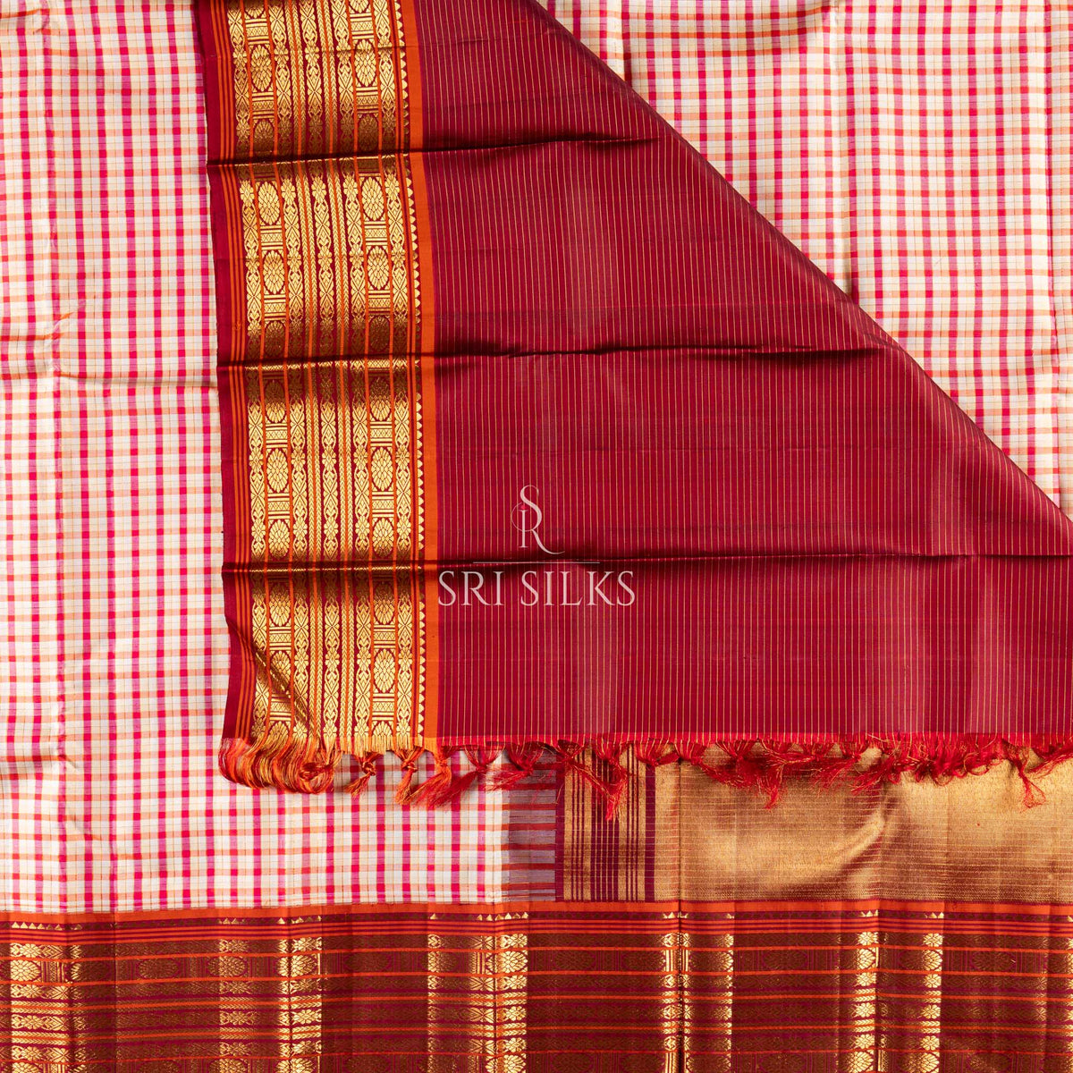 Pure Kanjivaram Silk Saree in Ivory Checks with Maroon Gold Zari SSK-KS-CRGZ-015