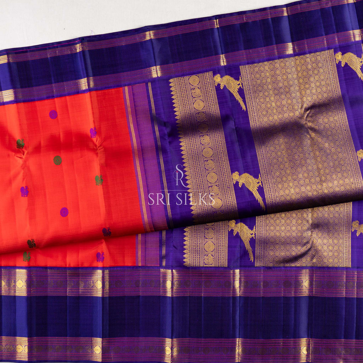 Coral Red & Navy Blue Kanjivaram Silk Saree with Gold Zari Updated UID: SSK-KS-CRGZ-014
