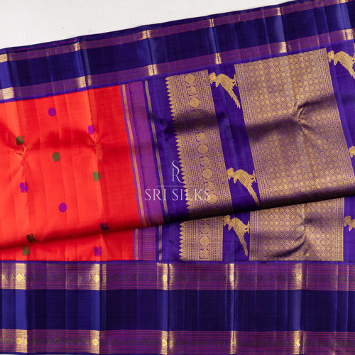 Coral Red & Navy Blue Kanjivaram Silk Saree with Gold Zari Updated UID: SSK-KS-CRGZ-014