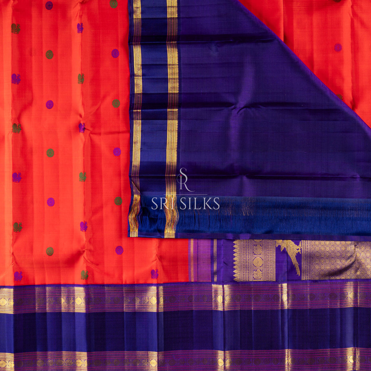 Coral Red & Navy Blue Kanjivaram Silk Saree with Gold Zari Updated UID: SSK-KS-CRGZ-014