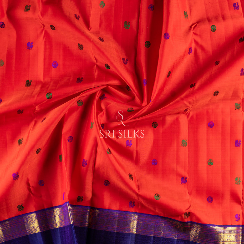 Coral Red & Navy Blue Kanjivaram Silk Saree with Gold Zari Updated UID: SSK-KS-CRGZ-014