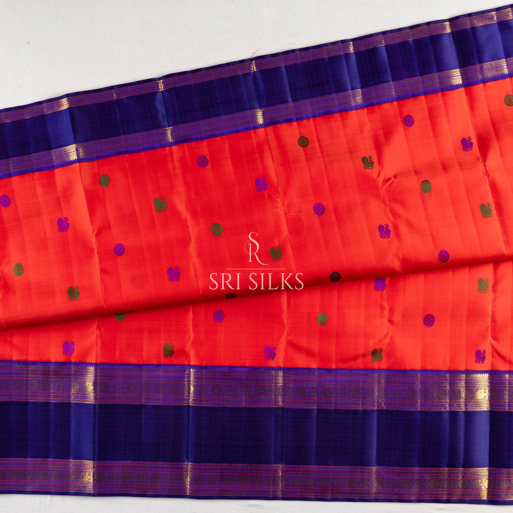 Coral Red & Navy Blue Kanjivaram Silk Saree with Gold Zari Updated UID: SSK-KS-CRGZ-014