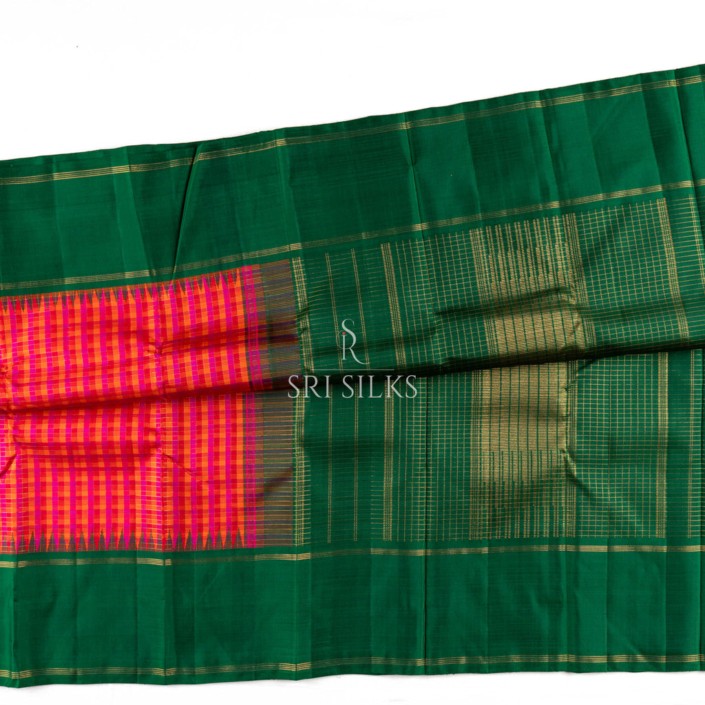 Emerald Green & Pink Checked Kanjivaram Silk Saree with Gold Zari  UID: SRI-KS-260813-008
