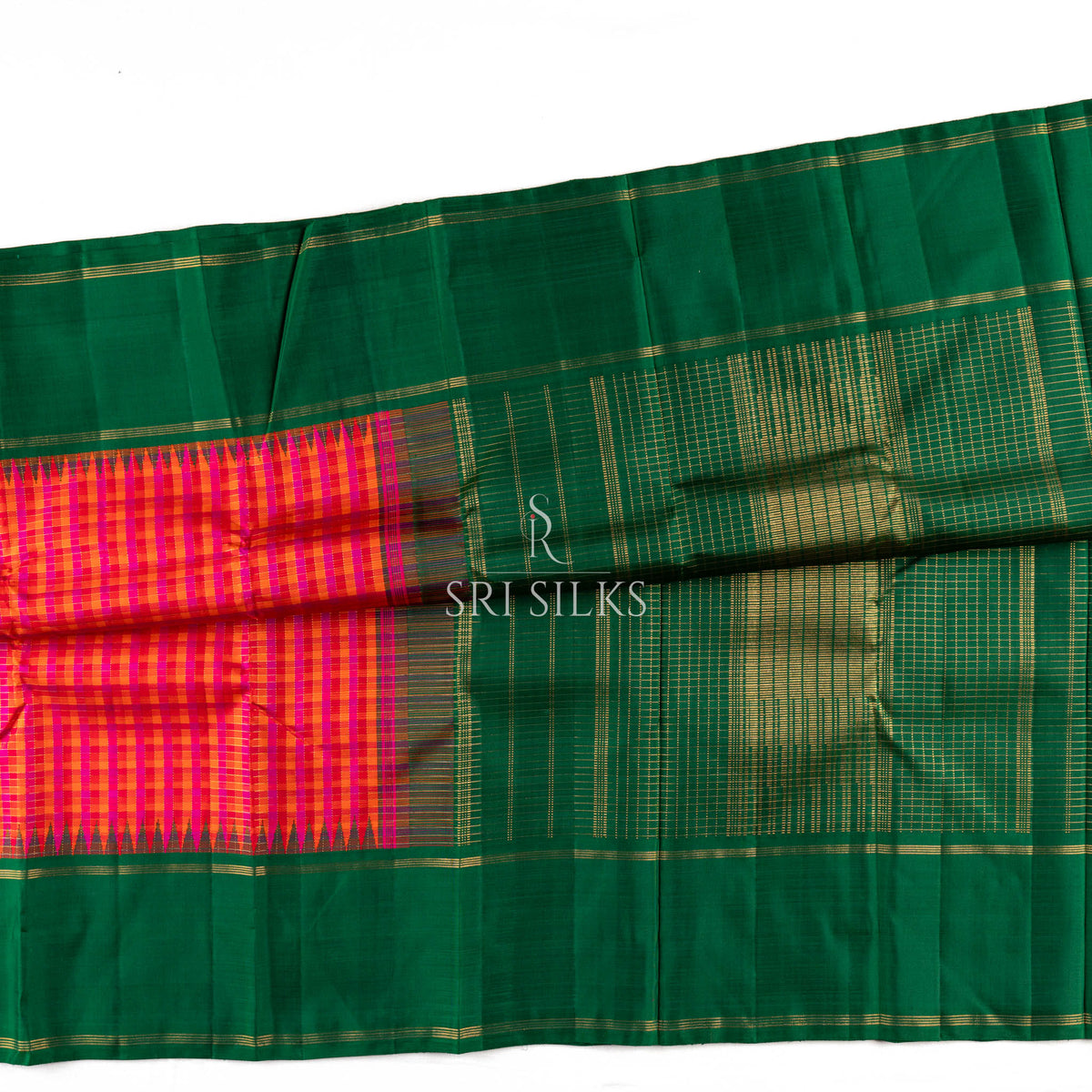 Emerald Green & Pink Checked Kanjivaram Silk Saree with Gold Zari  UID: SRI-KS-260813-008