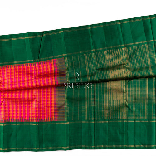 Emerald Green & Pink Checked Kanjivaram Silk Saree with Gold Zari  UID: SRI-KS-260813-008