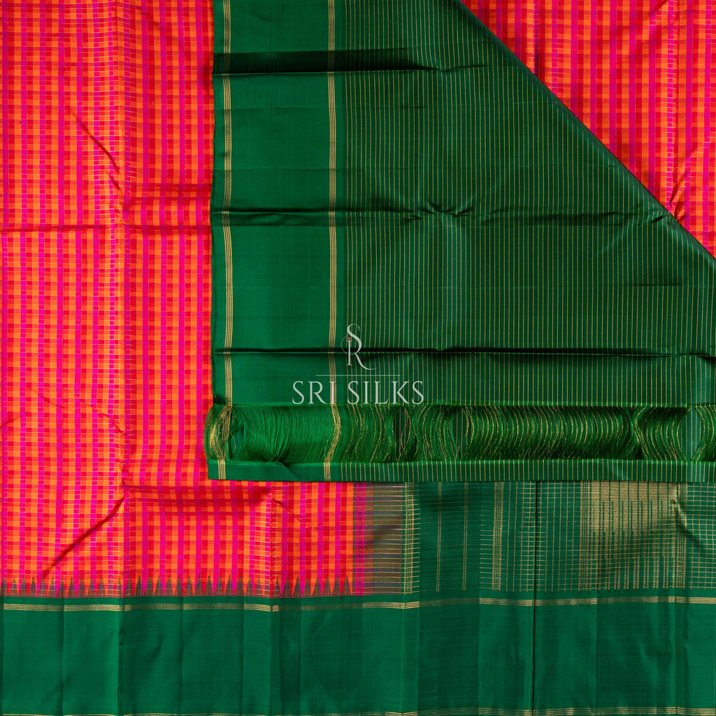 Emerald Green & Pink Checked Kanjivaram Silk Saree with Gold Zari  UID: SRI-KS-260813-008