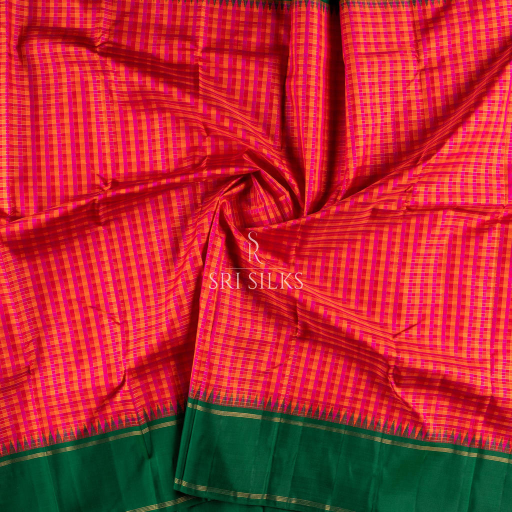 Emerald Green & Pink Checked Kanjivaram Silk Saree with Gold Zari  UID: SRI-KS-260813-008